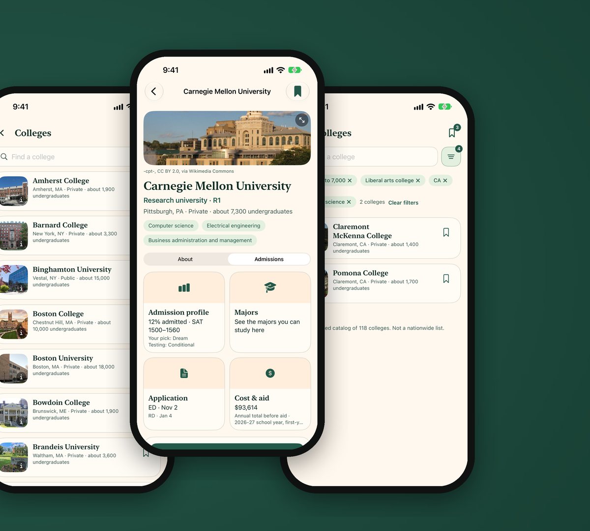 CollegeDream on iPhone: the college list, a college page and search